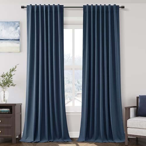 Image of Denim Blue 100% Blackout Linen Curtains for Bedroom 102 Inches Long Back Tab Thermal Insulated Modern Farmhouse Decor Black Out Curtain for Living Room Dining Room Rod Pocket Drapes 52x102, 2 Panels