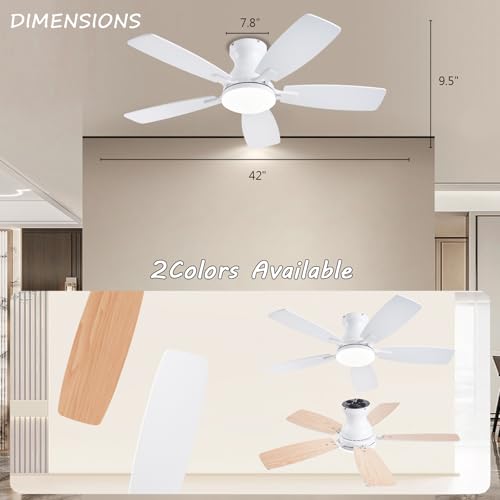 Image of JSAITEE Ceiling Fans with Lights, 42 Inch Low Profile Ceiling Fan with Light and Remote Control, Flush Mount, DC Reversible Motor, Noiseless, White 6 Speeds Ceiling Fan for Bedroom