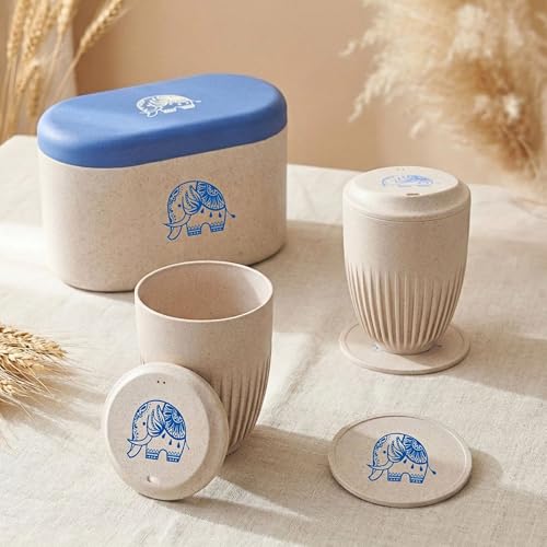 Image of Eha Earth-Friendly Wedding Gifts for Couple | Gifts Made with Rice Husk Biocomposite | Elephant Printed Mug and Coasters Set of 2, Keychain, Loopac Box | 350 ml | Sand Castle