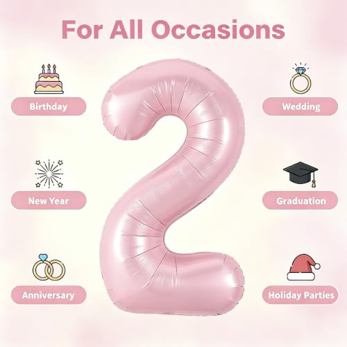 Image of Number Balloons Pink Party Balloon - Giant Number 2 Balloon, 40 Inch Large Balloon, Birthday Decorations for Women, Birthday Balloon for Anniversary Baby Shower Princess Party Decorations