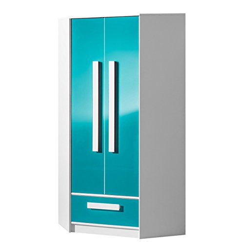Mirjan24 Eckkleiderschrank Guliver GR02, Fronten in Hochglanz, Eckschrank mit 4 Einlegeböden, Kleiderstange und Schublade, Drehtürenschrank, Kleiderschrank (Weiß/Türkis Hochglanz)
