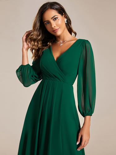 Image of Ever-Pretty Women's Chiffon V Neck Long Sleeves A-Line Midi Length Wedding Guest Dress Cocktail Party Formal Dresses 01926