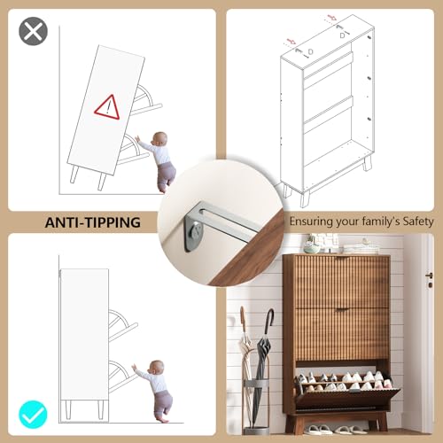 Image of Shoe Cabinet Storage for Entryway with 3 Flip Drawers, Fluted Narrow Shoe Organizer with Wooden Legs, Freestanding Slim Shoe Storage Hidden Shoe Rack Organizer for Front Door Entrance, Hallway, Walnut