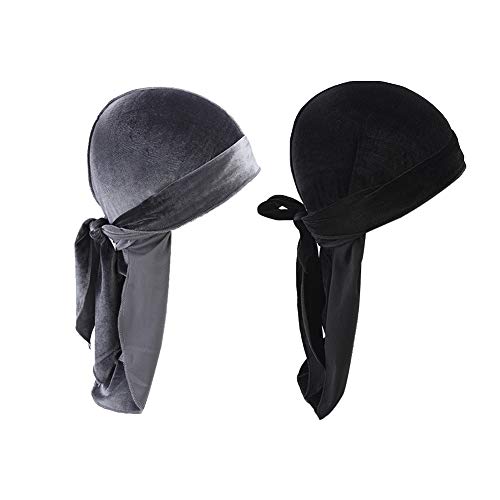ILUFAM 2pcs Velvet Durag for Men Women Unisex Long Tail Durag 360 Waves Headwraps Pirate Cap Bandana Turban Hat (Black+Grey)