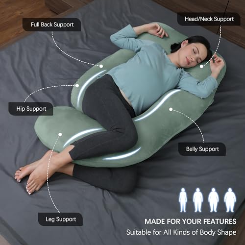 Image of MOON PARK Pregnancy Pillows for Sleeping - U Shaped Full Body Maternity Pillow with Removable Cover - Support for Back, Legs, Belly, Hips - 57 Inch Pregnancy Pillow for Women - Green