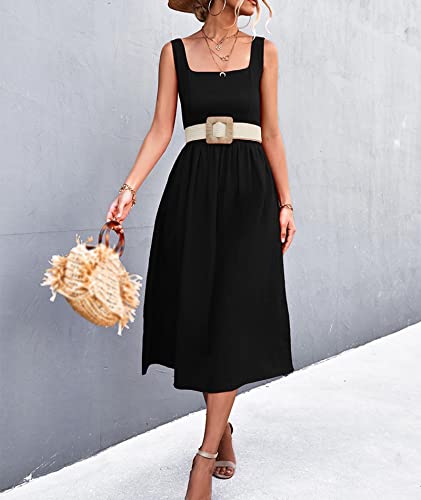 Image of xxxiticat Women's Square Collar Casual Dress Sleeveless Pleated A-Line Summer Beach Boho Elegant Backless Midi Dress