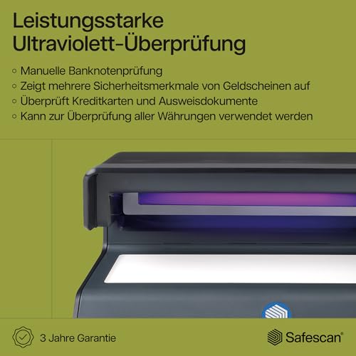 Safescan 70 UV-Falschgeldprüfgerät zur Prüfung von Banknoten, Kreditkarten und Ausweisen - UV-Geldscheinprüfer für neue Banknoten - UV-Falschgeldprüfgerät mit Weisslicht - UV-Geldscheinprüfer
