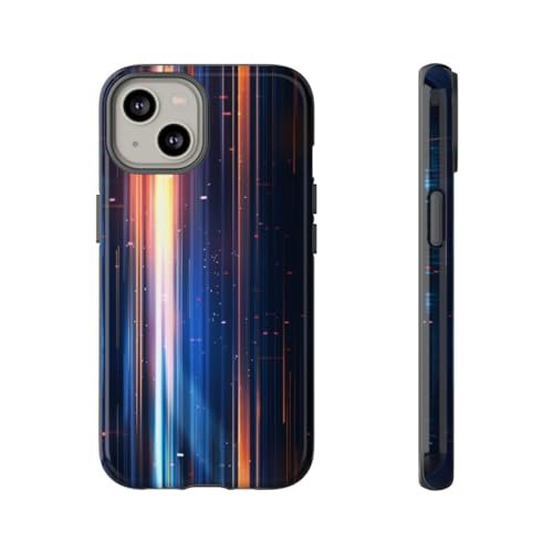Coque iPhone 14 bleu rigide brillante motif faisceaux lumineux verticaux design abstrait