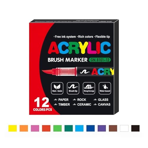RUNCAN アクリルペイントマーカー、ソフトブラシチップペンとマーカー、アクリルペイントペン、木材、石、キャンバス、ガラス、布、卵、ロックペインティング、DIYクラフトアート用品用 (12PCS)