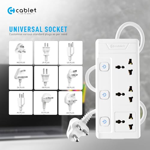 Image of Cablet Extension Board 3 Meter Cable, 2500W 10A, 3 Universal Multi Plug Socket, 3 Individual Switches, 3 Mtr Heavy Duty Cord, LED Indicator, Power Strip for Home Appliances