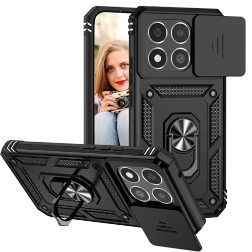 POUHYE Handyhülle für Xiaomi 15T Hülle [ Slide Camera] Hybrid Militärqualität Stoßfest Bumper Outdoor Handyhülle mit 360 Drehbarer Metall Ring Ständer Schutzhülle Case Schwarz