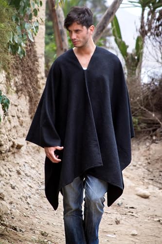 NOVICA Artisan Handmade Men's Alpaca Blend Poncho Peruvian for in Warm Wool Acrylic Clothing Black Solid ' Inca Explorer in Black'3