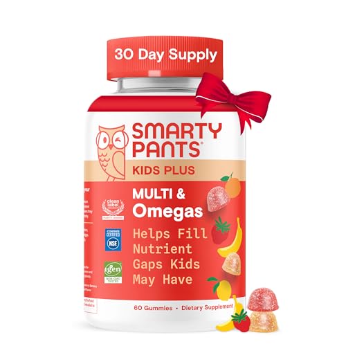 SmartyPants Kids Multivitamin Gummies - Improved Formula: Omega 3 (DHA/EPA), Vitamins D3, C, B12, B6, Vitamin A, K & Zinc, Gluten Free, Three Fruit Flavors, 60 Count (30 Day Supply)