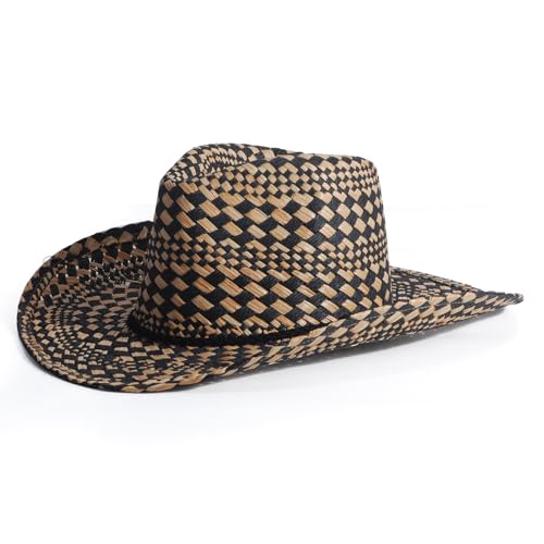 Image of Men's Cowboy Hats Summer Women Beach Cowgirl Hat Raffia Unisex Western Sun Hat