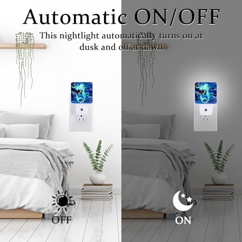 Image of Summer Mermaid Fish Night Light, Plug-into Wall Blue Sea Marble Nightlight Lamp with Dusk to Dawn Sensor, Led Lamp 0.5W Energy Efficient for Boys Girls Adults Home Decor