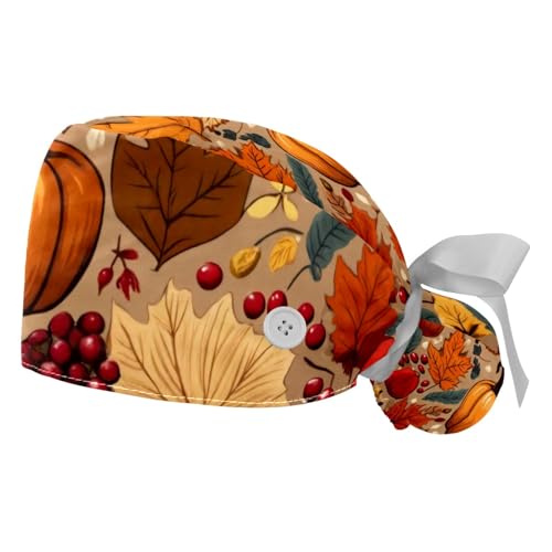 2Pcs Fall Thanksgiving Scrub Caps Button Sweatband Adjustable Working Cap Surgical Cap Nurse Hats Women Men Multicoloured