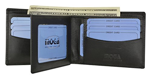 MOGA High End Leather Mens Bifold Wallet w/Middle ID Card Flap