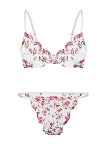 Image of Lilosy Sexy Floral Embroidered Mesh Sheer Underwire Lingerie Set