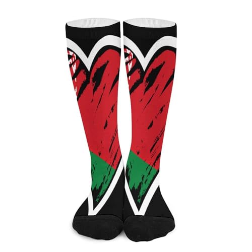 Melbrakin Cœur du drapeau biélorusse du Bélarus Chaussettes de compression pour femmes et hommes, mi-hautes, idéales pour la course à pied et les voyages.