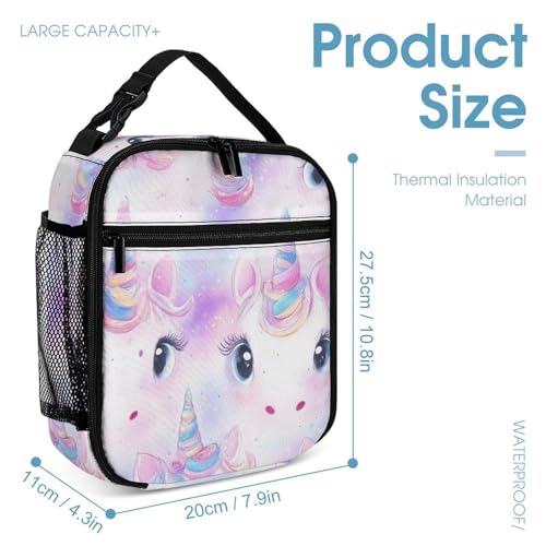 Bookbag Set Daypack with Lunch Box Makeup Bags Shoulder Bags with Lunch Bag Cosmetic Bag Unicorns Face Rainbow Art Backpack Set4