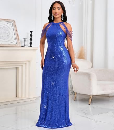Image of Cololura Women Sexy Elegant Sequin Tassel Off Shoulder Halter Bodycon Maxi Dress Party Evening Gown Formal Dress