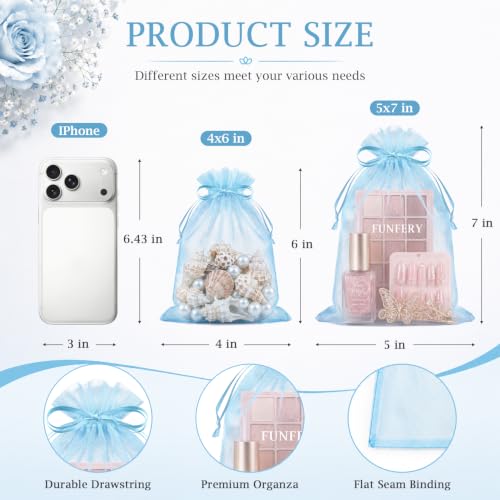 Image of FUNFERY 100PCS Baby Blue Organza Gift Bags 5x7in,Drawstring Jewelry Pouch