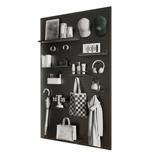 Metalowe panele ścienne z haczykami – wszechstronny zestaw perforowanych desek do domowego garażu i przechowywania narzędzi kuchennych (czarne 120 cm x 60 cm)