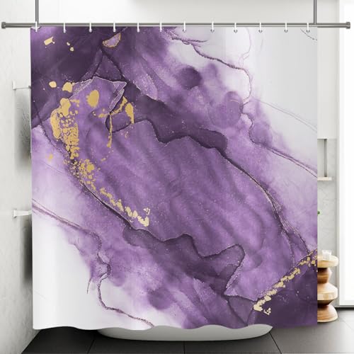 CRTPOD Marble Shower Curtain, Purple Gold Ink Texture Bathroom Curtain Modern Abstract Ombre Art Bathroom Decor Waterproof Fabric Bathtub Curtains Set with Hooks 72x72 inch
