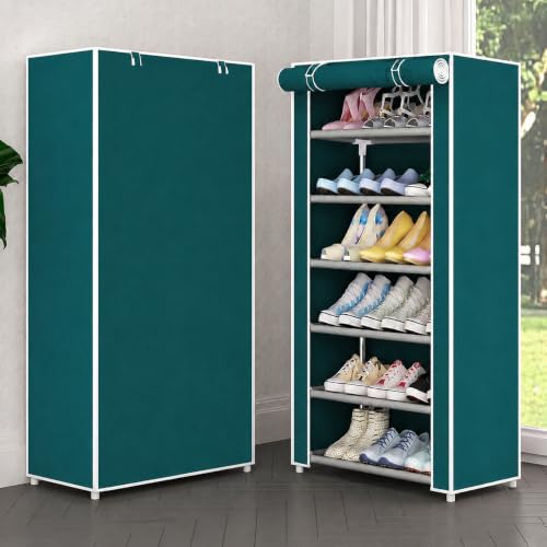 Image of YouCopia Shoe Rack for Home Non Woven Fabric - DIY Multipurpose Shoe Rack Organizer, 6-Layer Shoe Rack for Home -Shelf with Dustproof Door Entryway for Heels /Slippers /Boots (Firozi, 6-Layer)