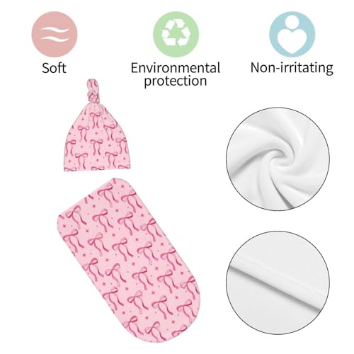 Image of Lcokin Pink Bow Baby Stuff Swaddle Blanket Hat Set, Newborn Receiving Blanket Shower Gift for Boys Girls