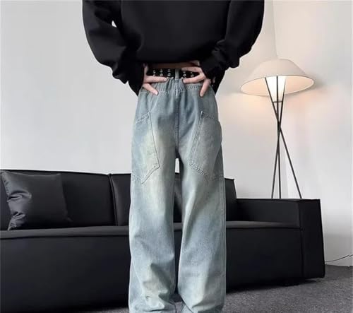 Men Patchwork Jeans Vintage Wash Loose Fit Denim Pants Korean High Street Straight Leg Trousers3