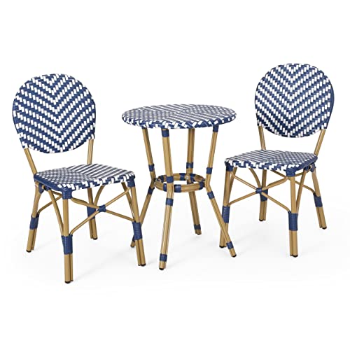 Christopher Knight Home Picardy Bistro Set, Navy Blue + White + Bamboo