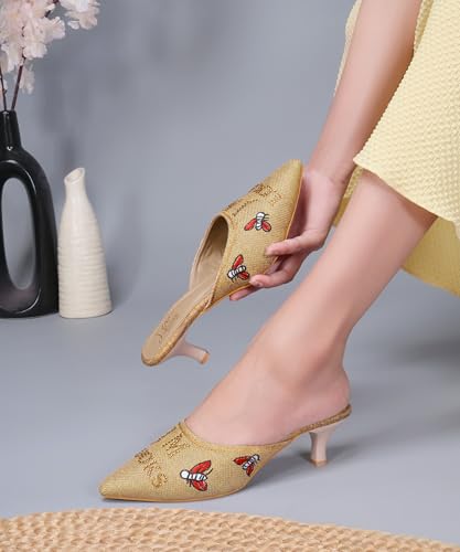 Image of JM LOOKS Pointed Toe Kitten Heel Mules Featuring Exquisite Bee Embroidery and Shimmering Textured Fabric Finish