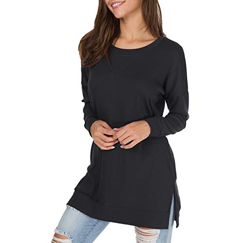Womens Fall Long Sleeve Plus Pullover Side Split Loose Casual Tunic Tops Black L