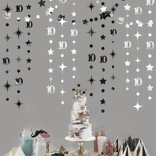Image of Silver Black 10th Birthday Decorations Number 10 Circle Dot Twinkle Star Garland Metallic Hanging Streamer Backdrop for Girls Boys Double Digits Ten Years Old Birthday 10th Anniversary Party Decor