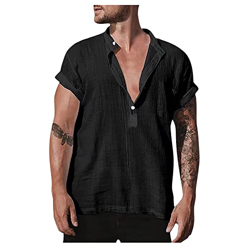 Shirt Herren Leinen Sweatshirt Henley Kurzarm Shirts Slim Fit Sommer...