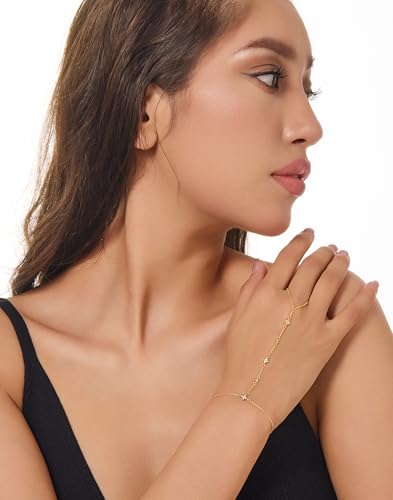 Gold Bracelets for Women 14K Gold Plated Hand Chain Bracelet Dainty Trendy Ring Chain Bracelet Charm Link Adjustable Cubic Zirconia Hand Bracelets Jewelry Gifts for Women