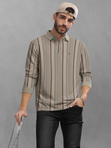 Image of BULLMER Striped Textured Printed Polo Neck Fullsleeve T-Shirt with Rib for Men