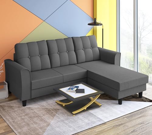 Image of Adorn India Maddox Tufted L Shape 4 Seater Sofa Set (Grey) (3 Year Warranty)