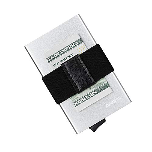 LUNGEAR Tarjetero para Tarjetas de Crédito con Billetes Bandas Elásticas, RFID Bloqueo Ejector Tarjeteros de Metálico para 5 Tarjetas Hombre o Mujer (Plata)