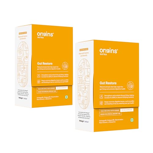 Image of Origins Nutra Gut Restore | Supports Gut Lining & Digestive Health | Eases Bloating, Constipation & IBS | Made with L-Glutamine, Marshmallow, Herbagut & GutGard | 28 Veg Capsules (Pack of 2)