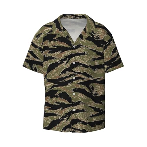 Tiger Stripe Camo Print Men's Pocket Hawaiian Shirts â€“ Short Sleeve Casual Beachwear for Summer S-4XL