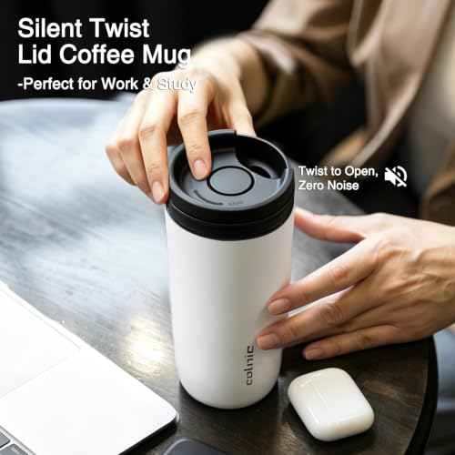 Image of 16 oz Travel Coffee Mug with Twist-Open Lid, Leak Proof Coffee Travel Mug, Insulated Tumbler Stainless Steel Coffee Cup For Hot And Iced Cold, Spill Proof Fits Cup Holder (White)