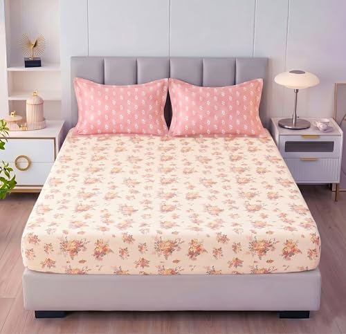 Image of BSB HOME 240 TC Cotton Feel Fitted Bedsheet for Double Bed, All-Round Elastic Deep Pocket, Soft Breathable Wrinkle Resistant & Skin Friendly Bed Sheet, Easy Care, 72 x 72 + 10 Inches - Blossom Pink