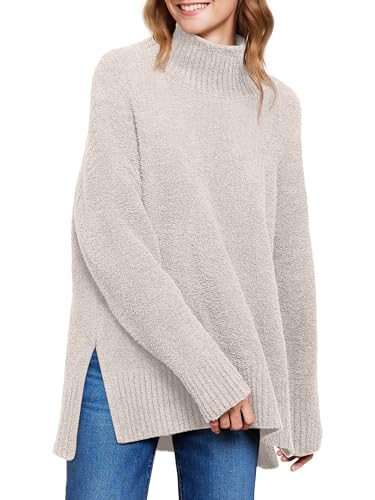 ANRABESS Women Oversized Turtleneck Long Sleeve Fuzzy Knit Slit S...