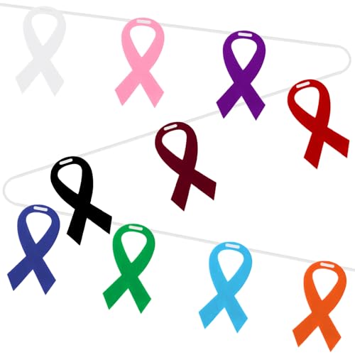 VitalCozy 10 Pcs Ribbon Awareness Banner 13.1 ft Ribbon Garland Cancer Awareness Decor Cancer Free Decorations for Society Events Groups Fundraisers Party Supplies (Multicolor)