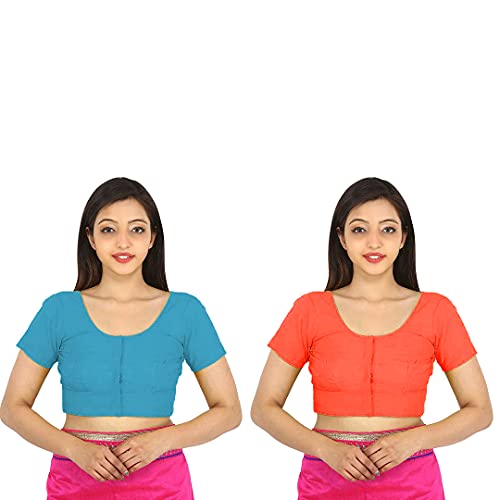 Image of Namita Women's Rubia Cotton Half Sleeve Readymade Regular Fit Blouse (U-Cot-Com-2-Cyan-Orange-40 Cyan, Orange 40)