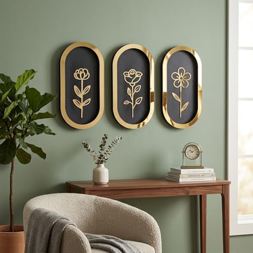 Image of eCraftIndia Pack of 3 Floral Wall Art with Black & Golden Wood Base Flower Cutouts Decor for Living Room Bedroom