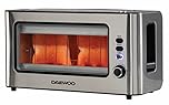 Daewoo 2 Slice Glass Toaster, Clear Viewing Window, Wide Slot for Larger Bread Types, 6 Browning Levels, Defrost & Reheat Functions, Removable Glass Panel for Easy Clean, Cool Touch Design