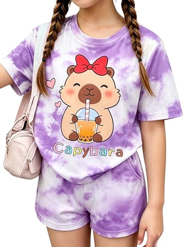 Image of Girls Clothes 2PCS Butterfly Print Short Sleeve T-Shirt + Shorts Set Teen Tween Girls Summer Outfits Set